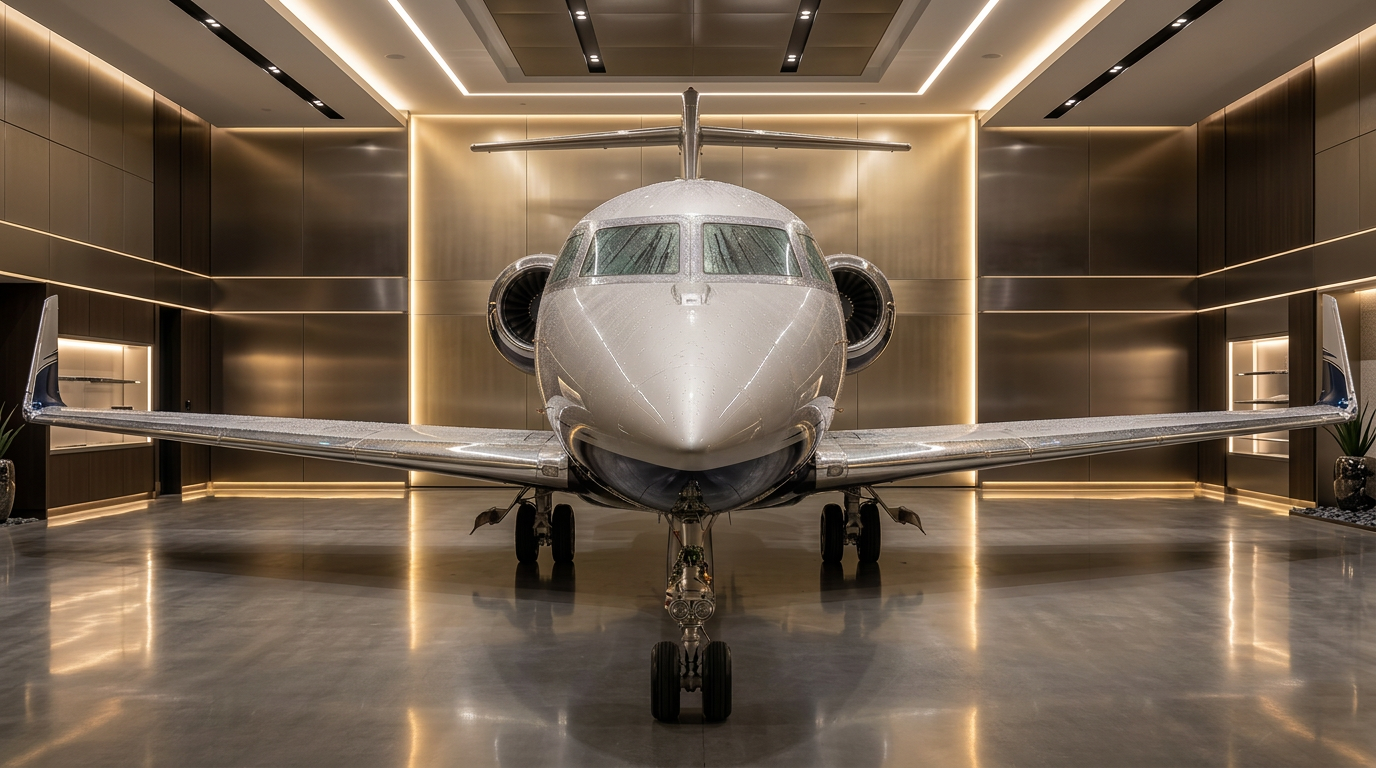 Pristine private jet on a sunlit tarmac