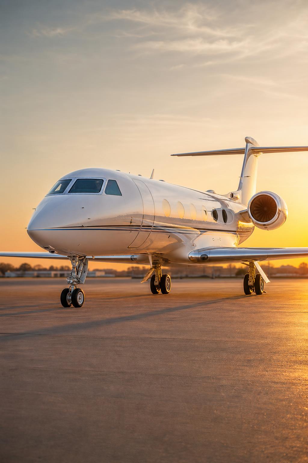 Pristine private jet on the tarmac at golden hour