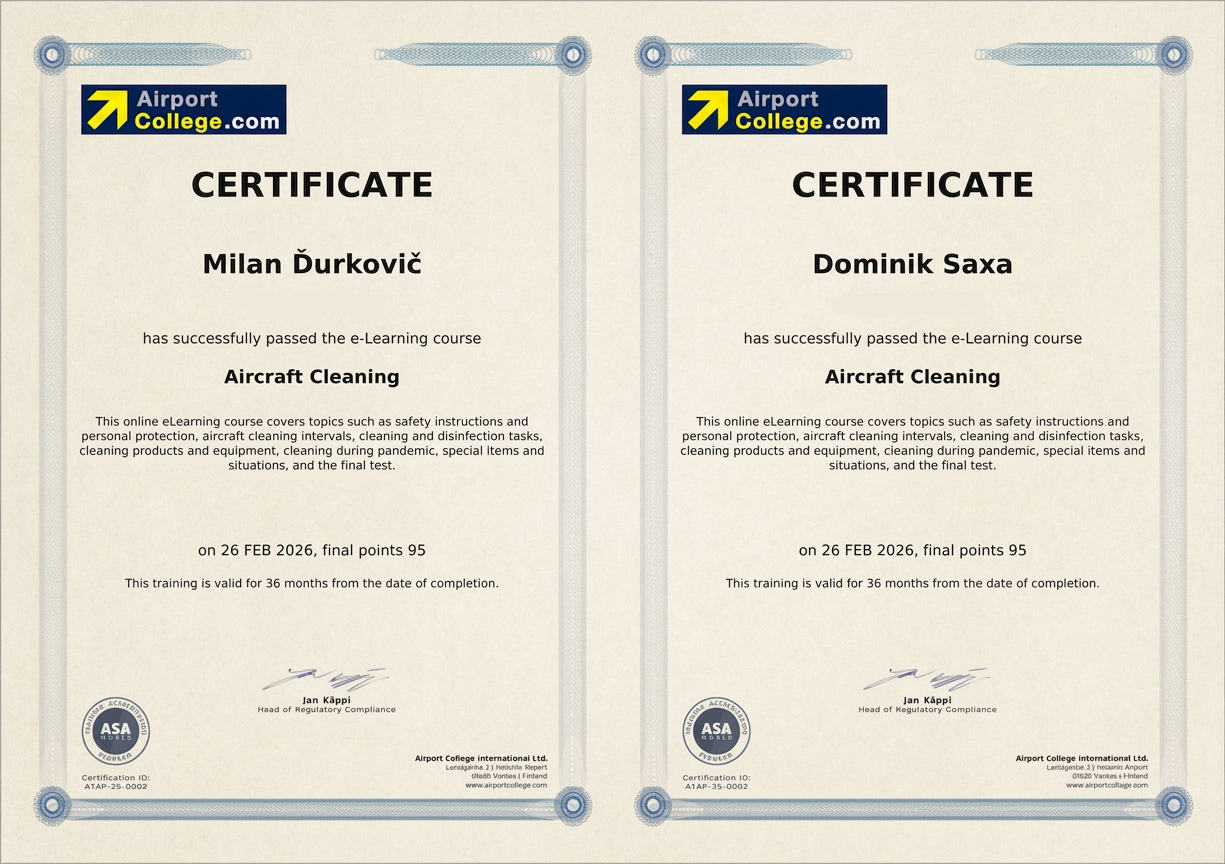 Aircraft Cleaning certificates issued to Milan Ďurkovič and Dominik Saxa