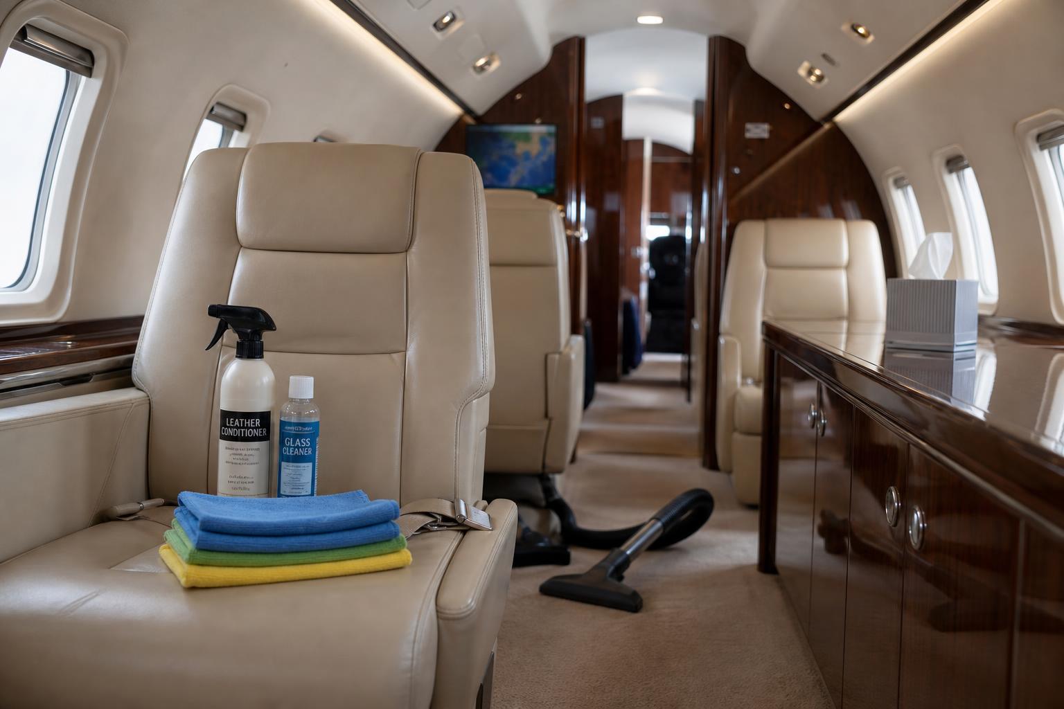 Private jet passenger cabin with leather cleaner and microfiber cloths