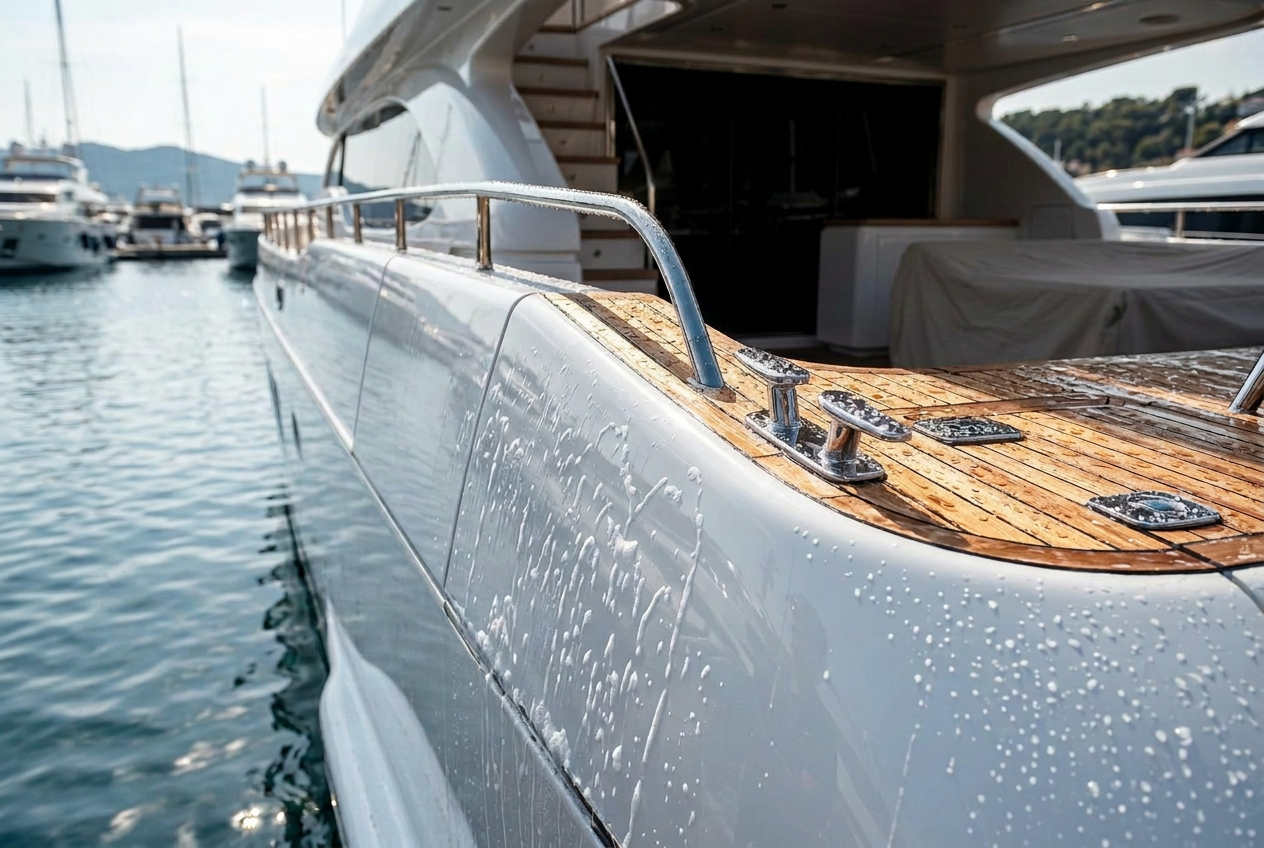 Luxury yacht polished teak deck with stainless steel railings