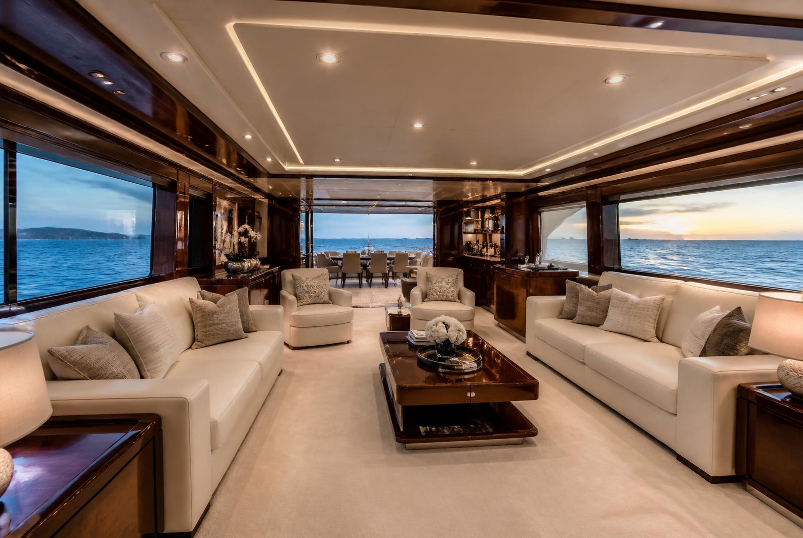 Luxury yacht salon with cream leather sofas and panoramic ocean windows