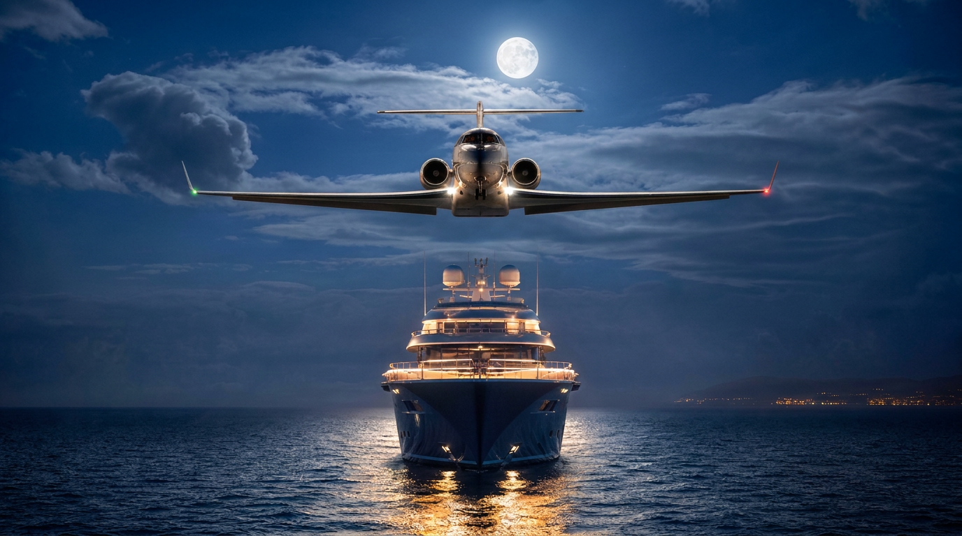 Modern private jet flying above an illuminated luxury superyacht at night