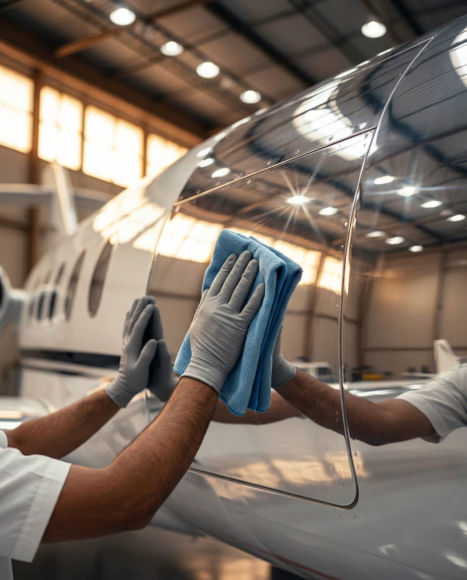 JetCare Service technicians hand-polishing a private jet fuselage